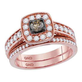 Radiant Elegance: 14kt Rose Gold Womens Brown Diamond Bridal Wedding Ring Band Set - Top View