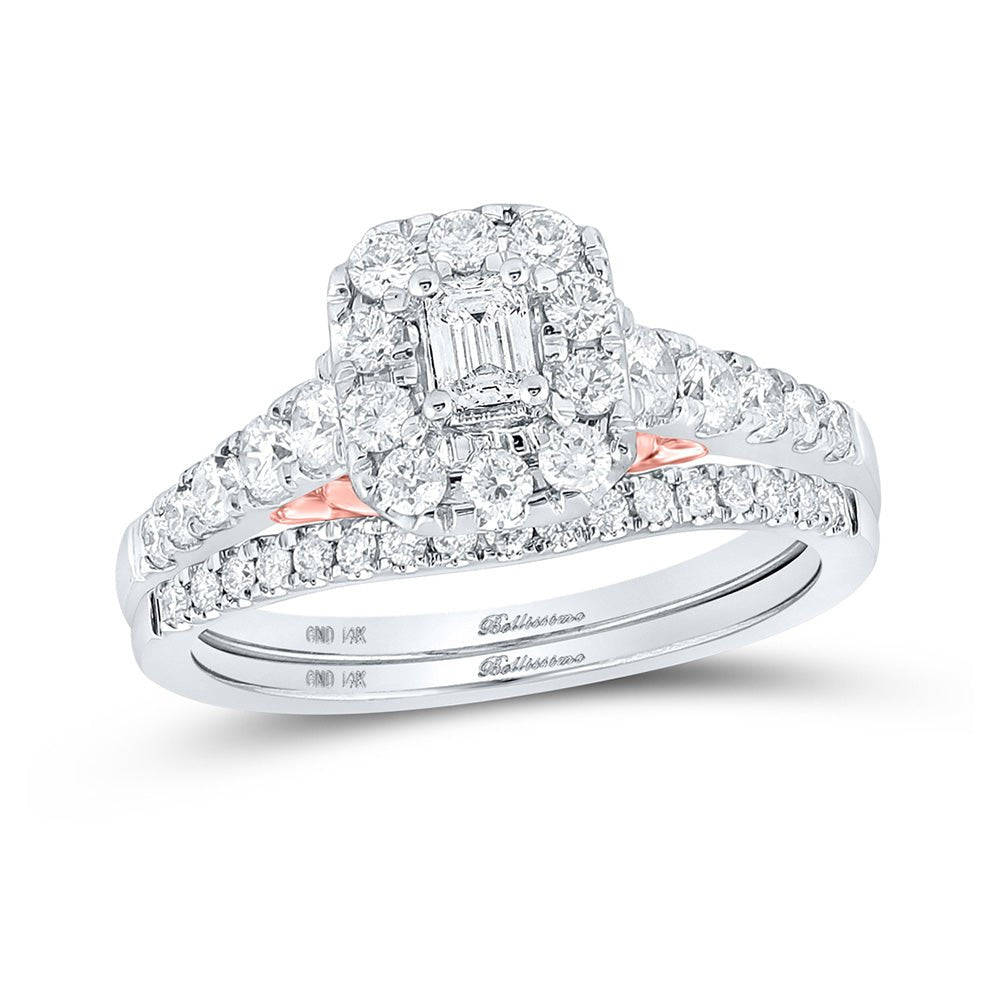 Wedding Collection | 14kt Two-tone Gold Emerald Diamond Halo Bridal Wedding Ring Band Set 1 Cttw | Splendid Jewellery GND