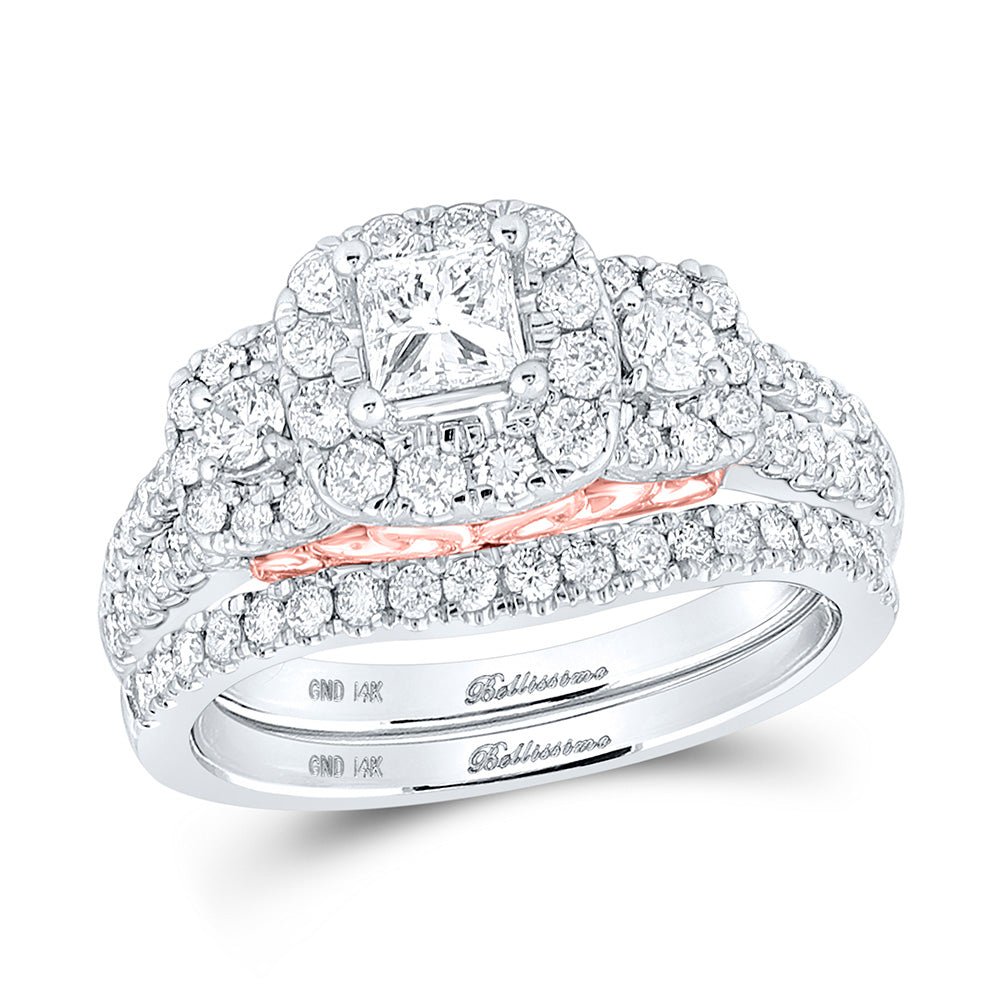 Wedding Collection | 14kt Two-tone Gold Princess Diamond Halo Bridal Wedding Ring Band Set 1-1/2 Cttw | Splendid Jewellery GND