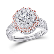 Load image into Gallery viewer, Eternal Love 14kt Two-tone Gold Diamond Halo Bridal Wedding Ring Band Set with Ruby Accent - Top View