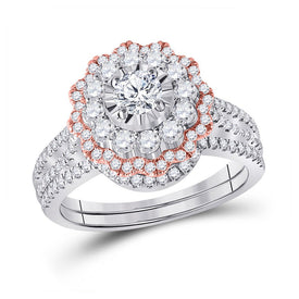 Eternal Love 14kt Two-tone Gold Diamond Halo Bridal Wedding Ring Band Set with Ruby Accent - Top View