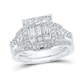 Exquisite Brilliance: 14kt White Gold Baguette Diamond Bridal Wedding Ring Band Set 7/8 Cttw - Top View