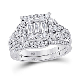 Eternal Love 14kt White Gold Baguette Diamond Square Bridal Wedding Ring Band Set - Top View