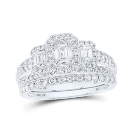 Captivating Elegance: 14kt White Gold Emerald Diamond 3-Stone Halo Bridal Wedding Ring Band Set 1-1/2 Cttw - Top View
