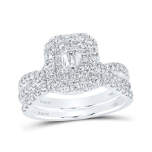 Load image into Gallery viewer, Emerald Brilliance: 14kt White Gold Diamond Halo Bridal Wedding Ring Band Set - Top View