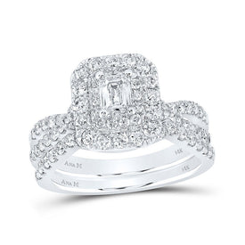 Emerald Brilliance: 14kt White Gold Diamond Halo Bridal Wedding Ring Band Set - Top View