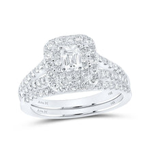 Load image into Gallery viewer, Enchanting Elegance: 14kt White Gold Emerald Diamond Halo Bridal Wedding Ring Band Set 1-1/2 Cttw - Top View