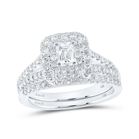 Enchanting Elegance: 14kt White Gold Emerald Diamond Halo Bridal Wedding Ring Band Set 1-1/2 Cttw - Top View