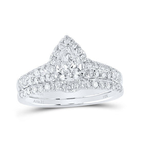 Emerald Brilliance: 14kt White Gold Diamond Halo Bridal Wedding Ring Band Set - Top View