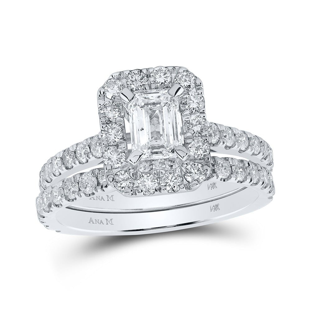 Wedding Collection | 14kt White Gold Emerald Diamond Halo Bridal Wedding Ring Band Set 1-7/8 Cttw | Splendid Jewellery GND