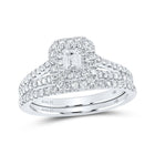 Enchanting Love Story 14kt White Gold Emerald Diamond Halo Bridal Wedding Ring Band Set - Top View