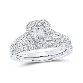 Enchanting Love Story 14kt White Gold Emerald Diamond Halo Bridal Wedding Ring Band Set - Top View
