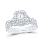 Enchanting Eternity: 14kt White Gold Emerald Diamond Halo Bridal Wedding Ring Band Set - Top View