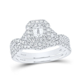 Enchanting Eternity: 14kt White Gold Emerald Diamond Halo Bridal Wedding Ring Band Set - Top View