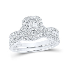 Load image into Gallery viewer, Emerald Brilliance: 14kt White Gold Diamond Halo Bridal Wedding Ring Band Set - Top View