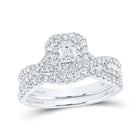 Emerald Brilliance: 14kt White Gold Diamond Halo Bridal Wedding Ring Band Set - Top View