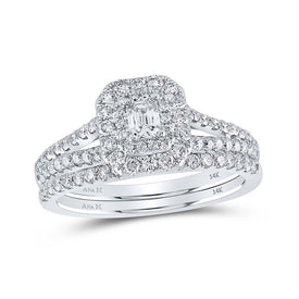 Timeless Elegance: 14kt White Gold Emerald Diamond Halo Bridal Wedding Ring Band Set - Top View