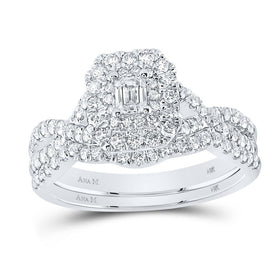 Captivating Love's Embrace 14kt White Gold Emerald Diamond Halo Bridal Wedding Ring Band Set 1 Cttw - Top View
