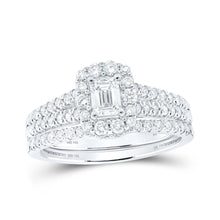 Load image into Gallery viewer, Enchanting Elegance: 14kt White Gold Emerald Diamond Halo Bridal Wedding Ring Band Set 1 Cttw - Top View