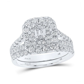 14kt White Gold Emerald Diamond Halo Bridal Wedding Ring Band Set - The Eternity Brilliance - Top View