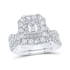 Enchanting Elegance 14kt White Gold Emerald Diamond Halo Bridal Wedding Ring Band Set - Top View