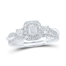 Load image into Gallery viewer, Emerald Brilliance: 14kt White Gold Diamond Halo Wedding Ring Set - Top View