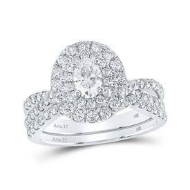 Elegant Bliss 14kt White Gold Oval Diamond Halo Bridal Wedding Ring Band Set - Top View