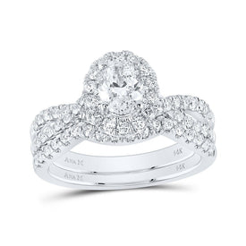 Eternal Brilliance 14kt White Gold Oval Diamond Halo Bridal Wedding Ring Band Set 1-1/2 Cttw - Top View