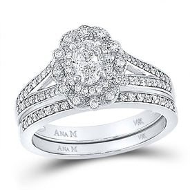 Eternal Love 14kt White Gold Oval Diamond Halo Bridal Wedding Ring Band Set - Top View
