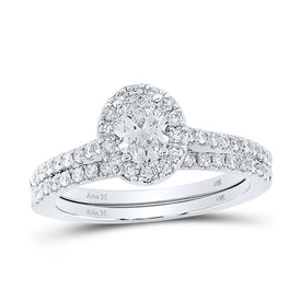 Radiant Love: 14kt White Gold Oval Diamond Halo Bridal Wedding Ring Band Set - Top View