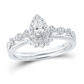 Ethereal Elegance: 14kt White Gold Pear Diamond Bridal Wedding Ring Band Set - Top View