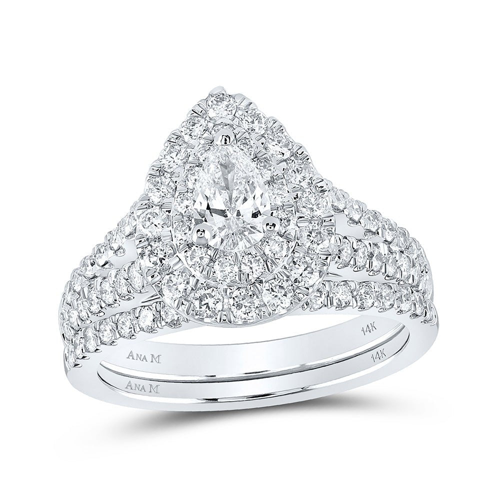 Wedding Collection | 14kt White Gold Pear Diamond Halo Bridal Wedding Ring Band Set 1-1/2 Cttw | Splendid Jewellery GND