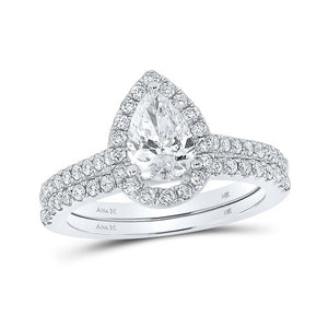 Wedding Collection | 14kt White Gold Pear Diamond Halo Bridal Wedding Ring Band Set 1-1/2 Cttw | Splendid Jewellery GND