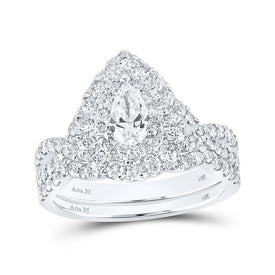 Captivating Elegance: 14kt White Gold Pear Diamond Halo Bridal Wedding Ring Band Set 1-1/2 Cttw - Top View