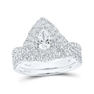 Wedding Collection | 14kt White Gold Pear Diamond Halo Bridal Wedding Ring Band Set 1-1/2 Cttw | Splendid Jewellery GND