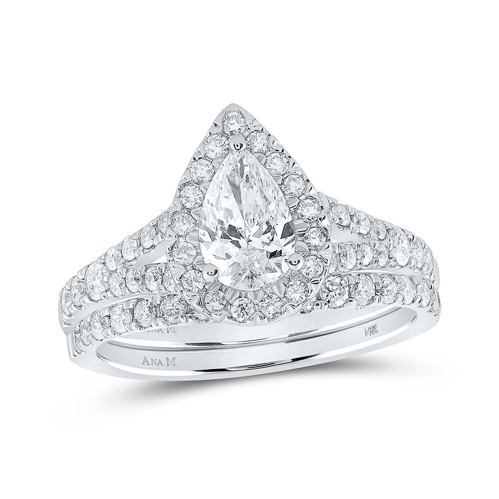 Wedding Collection | 14kt White Gold Pear Diamond Halo Bridal Wedding Ring Band Set 1-1/2 Cttw | Splendid Jewellery GND