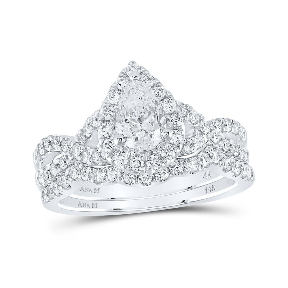 Wedding Collection | 14kt White Gold Pear Diamond Halo Bridal Wedding Ring Band Set 1-1/2 Cttw | Splendid Jewellery GND