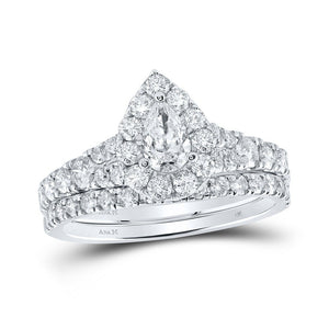 Wedding Collection | 14kt White Gold Pear Diamond Halo Bridal Wedding Ring Band Set 1-1/2 Cttw | Splendid Jewellery GND