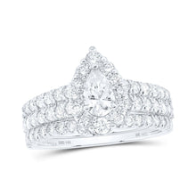 Load image into Gallery viewer, Enchanting Brilliance: 14kt White Gold Pear Diamond Halo Bridal Wedding Ring Band Set 1-1/2 Cttw - Top View