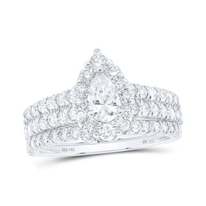 Wedding Collection | 14kt White Gold Pear Diamond Halo Bridal Wedding Ring Band Set 1-1/2 Cttw | Splendid Jewellery GND