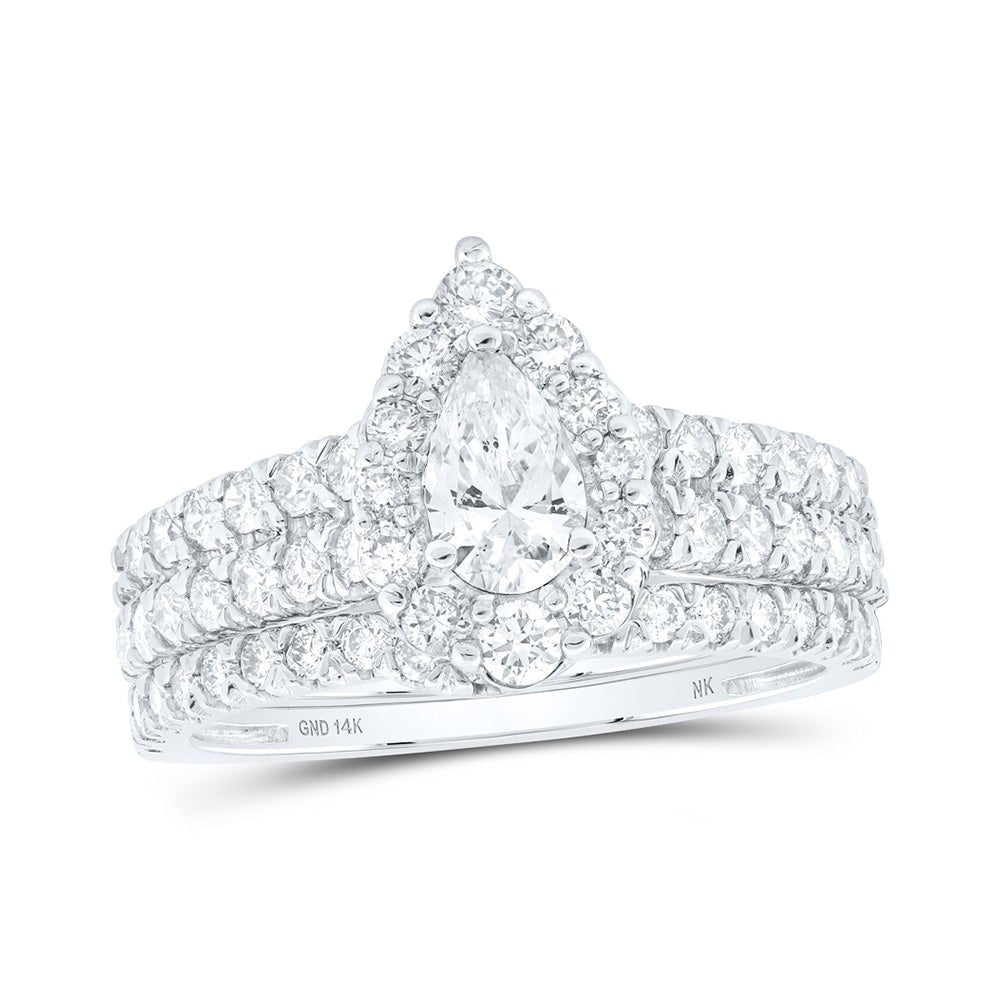 Wedding Collection | 14kt White Gold Pear Diamond Halo Bridal Wedding Ring Band Set 1-1/2 Cttw | Splendid Jewellery GND