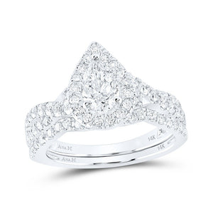 Wedding Collection | 14kt White Gold Pear Diamond Halo Bridal Wedding Ring Band Set 1-1/2 Cttw | Splendid Jewellery GND