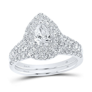 Wedding Collection | 14kt White Gold Pear Diamond Halo Bridal Wedding Ring Band Set 1-1/2 Cttw | Splendid Jewellery GND