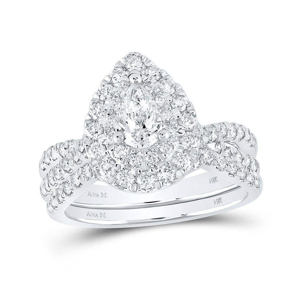 Wedding Collection | 14kt White Gold Pear Diamond Halo Bridal Wedding Ring Band Set 1-1/2 Cttw | Splendid Jewellery GND