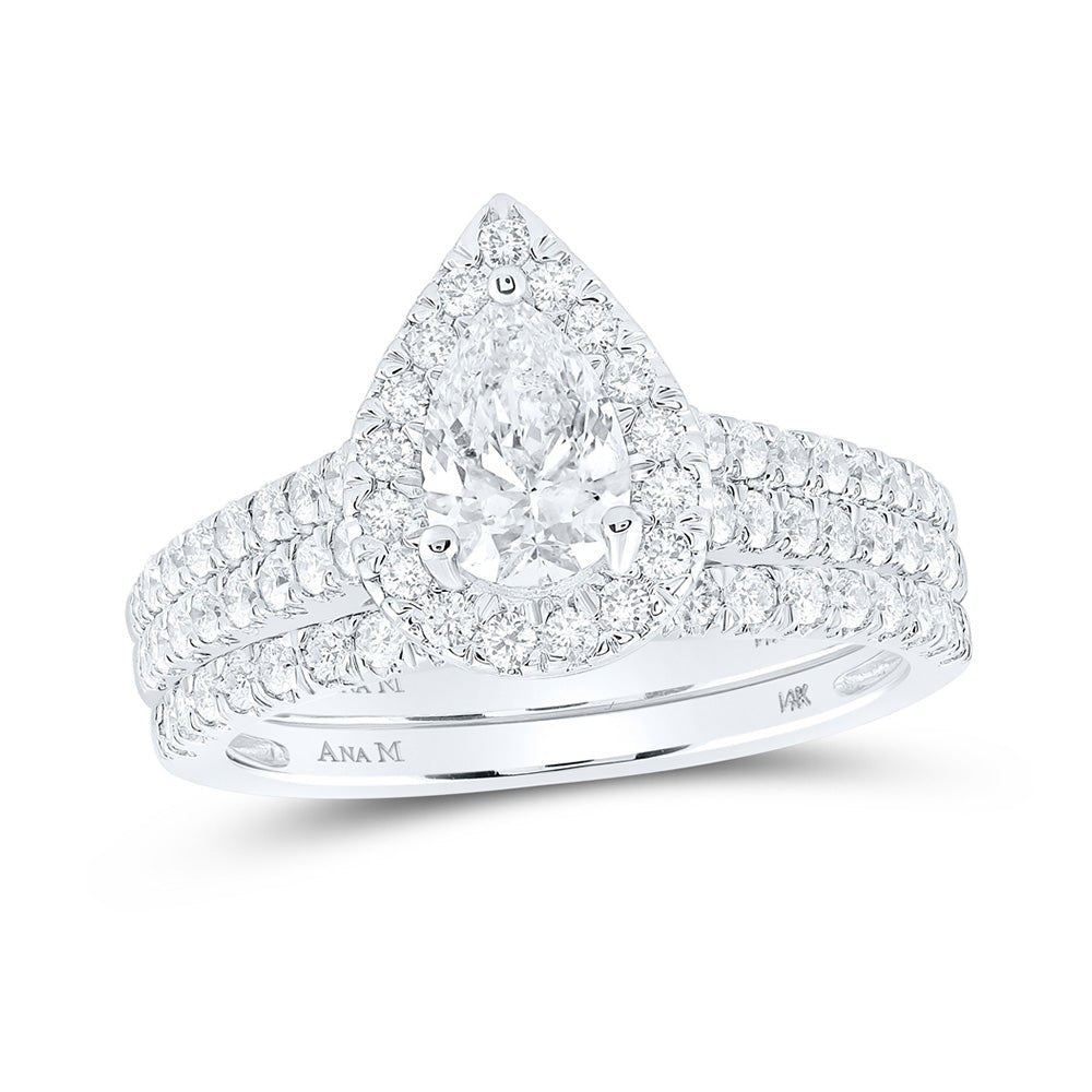 Wedding Collection | 14kt White Gold Pear Diamond Halo Bridal Wedding Ring Band Set 1-1/2 Cttw | Splendid Jewellery GND