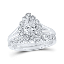 Load image into Gallery viewer, Pear Diamond Halo Wedding Ring Band Set in 14kt White Gold - Timeless Elegance for Your Special Day - Top View