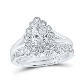 Pear Diamond Halo Wedding Ring Band Set in 14kt White Gold - Timeless Elegance for Your Special Day - Top View