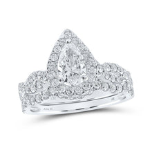 Load image into Gallery viewer, Enchanting 14kt White Gold Pear Diamond Halo Bridal Wedding Ring Band Set - A Mesmerizing Love Story - Top View