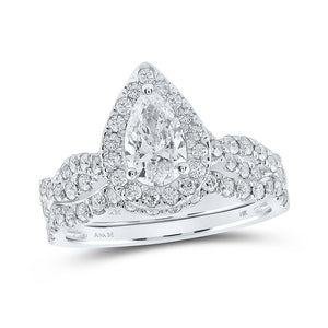 Wedding Collection | 14kt White Gold Pear Diamond Halo Bridal Wedding Ring Band Set 1-1/2 Cttw | Splendid Jewellery GND