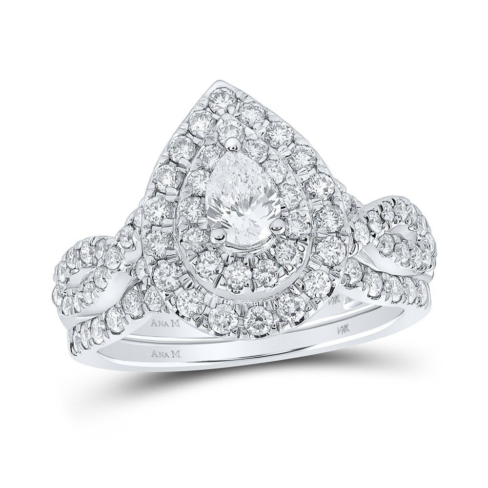 Wedding Collection | 14kt White Gold Pear Diamond Halo Bridal Wedding Ring Band Set 1-1/4 Cttw | Splendid Jewellery GND